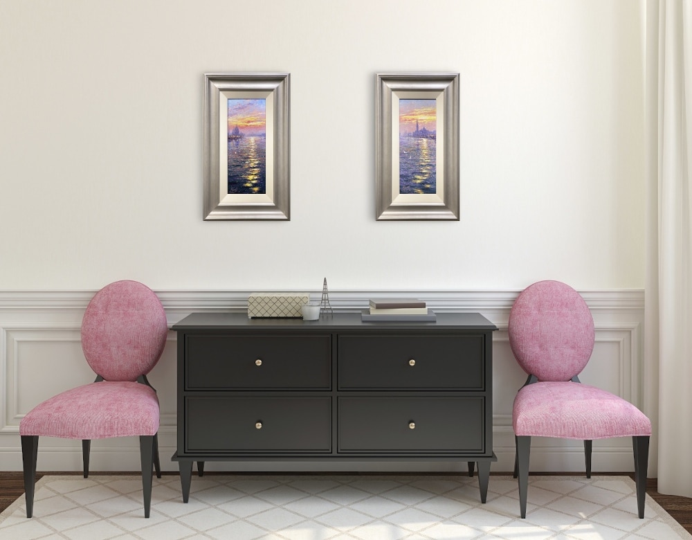 Interior with dresser and two pink chairs near empty beige wall. 3d render.