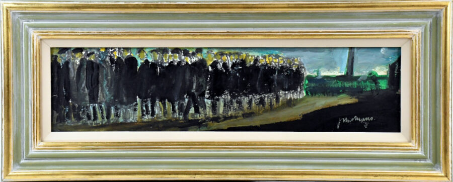 Standing Figures beside Factory original mixed media painting by John Thompson