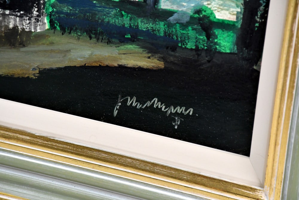 Standing Figures beside Factory by John Thompson sig